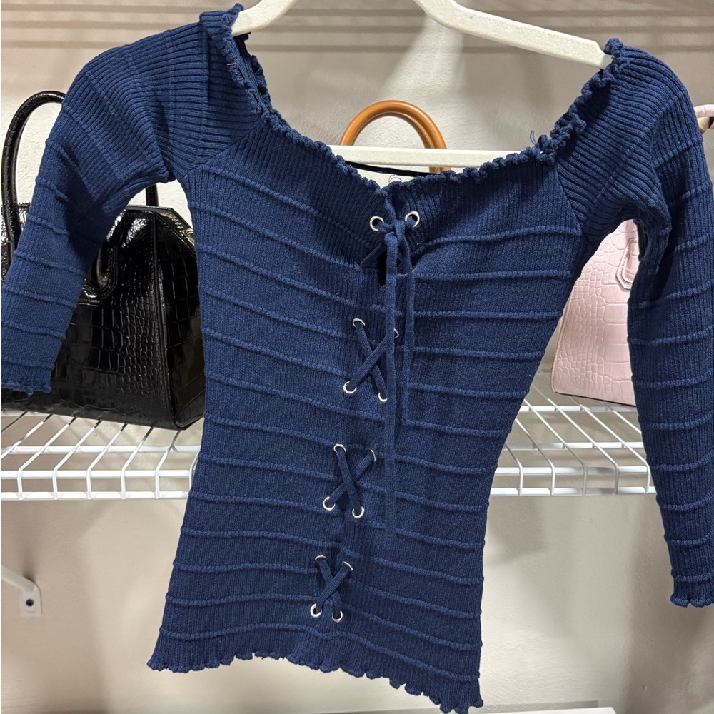 Navy Lace-Up Ribbed Sweater Top